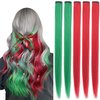 Christmas Colored Hair Extensions, 6Pcs 21 in Red Green Long Straight Hairpieces Clip in Synthetic for Kids Girls Women Christmas Party Supplies