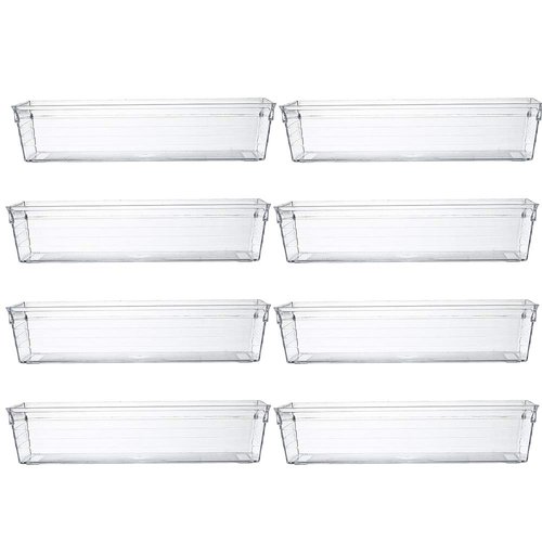 Backerysupply Clear Plastic Drawer Organizer Tray for Vanity Cabinet (9"×3"×2"，Set of 8),Storage Tray for Makeup, Kitchen Utensils, Jewelries, and Gadgets