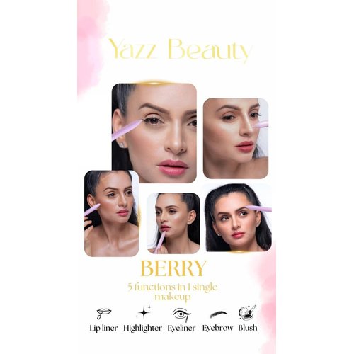 YazzBeauty 4-in-1 Touch-Up Makeup Pen (Berry) - Medium Brown Eyebrow Pencil, a Berry Lip Liner, a Black Eyeliner, and a White Shimmer Highlighter – Ideal for Travel