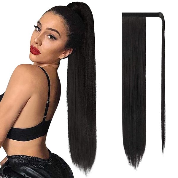 SOFEIYAN Long Straight Ponytail Extension 30 inch Wrap Around Ponytail Synthetic Hair Extensions Clip in Ponytail Hairpiece for Women, Jet Black