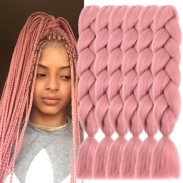 Ombre Braiding Hair Extensions for Women 6 Packs/24 Inch Braiding Hair Fiber Crochet Hair for Box Braids Senegal Twist Hair Extensions(24" (Pack of 6),Rouge pink)