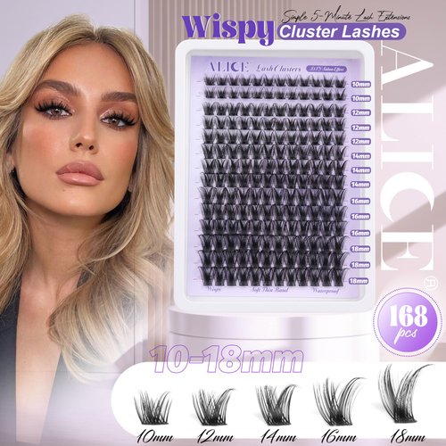 ALICE Lash Clusters Wispy Cluster Eyelash Extensions 168pcs Fluffy Individual Lashes 10-18mm Waterproof Natural Lash Extension DIY Cluster Lashes with Soft Thin Band