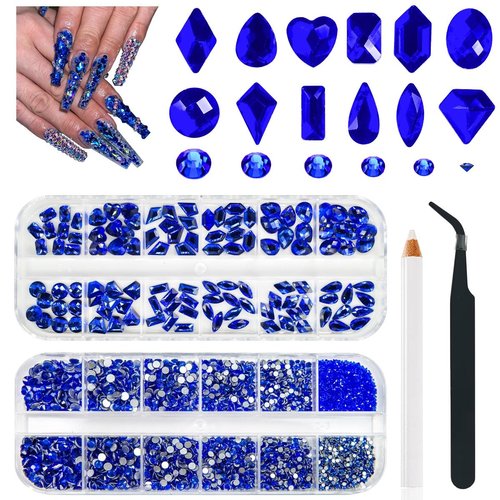 qiipii 4080Pcs Blue Nail Rhinestones Flatback Royal Blue Sapphire Round Beads K9 Glass Gems Stones Nail Art Gems Diamonds jewels Nail Art Charms Supplies for Nails Face Eyes Makeup DIY Crafts Clothes