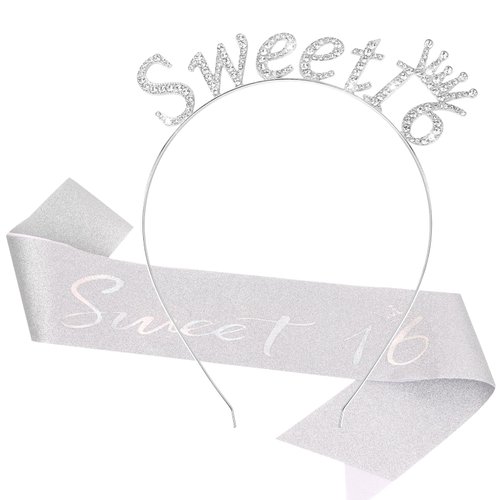 CIEHER Sweet 16 Birthday Crown & Sweet 16 Birthday Sash, 16th Birthday Tiara for Girls, Sweet 16 Birthday Decorations for Girls, Sweet Sixteen Gifts - Silver