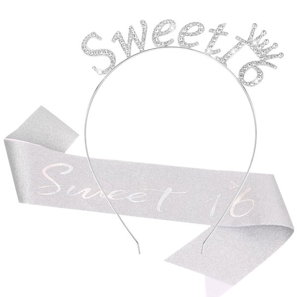 CIEHER Sweet 16 Birthday Crown & Sweet 16 Birthday Sash, 16th Birthday Tiara for Girls, Sweet 16 Birthday Decorations for Girls, Sweet Sixteen Gifts - Silver