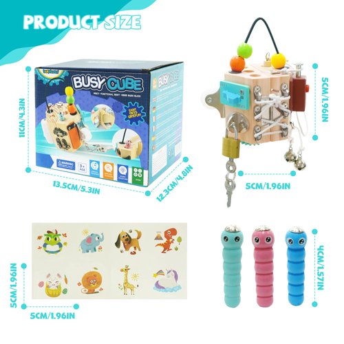 Busy Cube for Kids 15-in-1 Sensory Busy Board Travel Toy Handmade Montessori Educational Learning Toys Activity Board Wooden Activity Cubes for Toddlers 1 2 3 4 5 Years Old