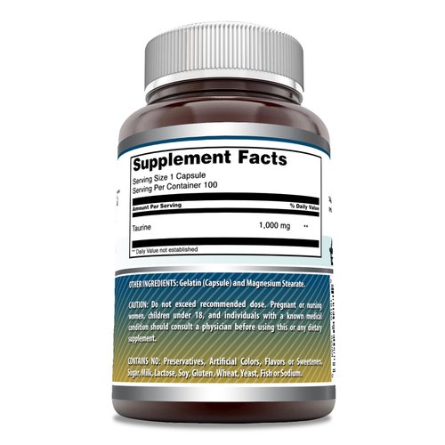 Amazing Formulas Taurine Amino Acid Supplement | 1000 Mg per Serving | 100 Capsules | Non-GMO | Gluten-Free | Made in USA