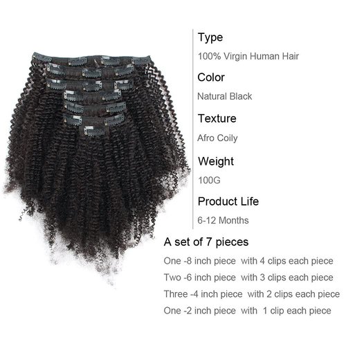 ABH AMAZINGBEAUTY HAIR Afro Coily Clip in Hair Extensions Real Human Hair 4B and 4C Double Wefts Remy Coily Clip ins for African Americans 120 Grams 7pcs 17 Clips, #1B Natural Black 18 Inch