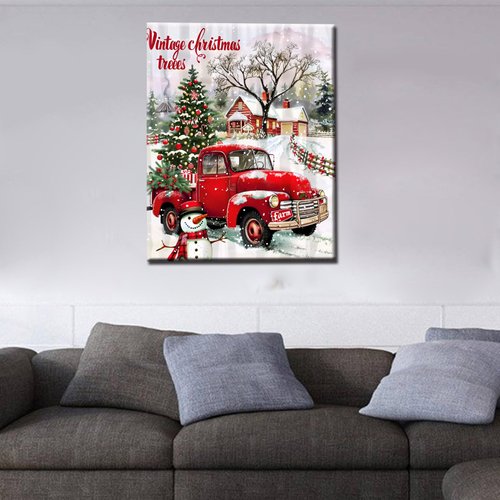 Retro Red Car Painting Farm Wooden House Paint by Number Kit 16 x 20 inch Canvas DIY Christmas Scene Oil Painting for Adult Beginner with Brushes and Acrylic Art Home Decor Snowman Gift(Frameless）