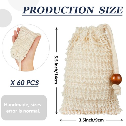 Cunhill Soap Saver Bag Sisal Soap Bag Exfoliating Soap Pouch with Drawstring Bar Soap Bag with Wooden Bead Foaming and Drying Soap Exfoliating Net Soap Saver for Bath and Shower(60 Pack)