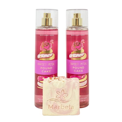 Bath & Body Works Sweet Petal Pound Cake 2 Pack Fine Fragrance Mist Bundle with a Himalayan Salts Springs Bar Soap - Full Size