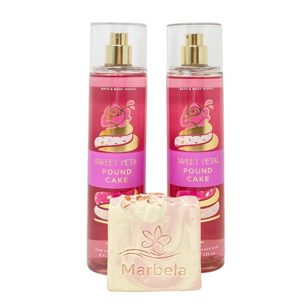 Bath & Body Works Sweet Petal Pound Cake 2 Pack Fine Fragrance Mist Bundle with a Himalayan Salts Springs Bar Soap - Full Size