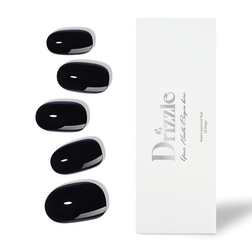 Drizzle Semi Cured Gel Nail Strips, Real Nail Polish Art Stickers (UV/LED Light Required), Glossy, Glitter, Solid Color, Full Nail Wraps Long Lasting, Nail Strips Decal for Women (Real Black)