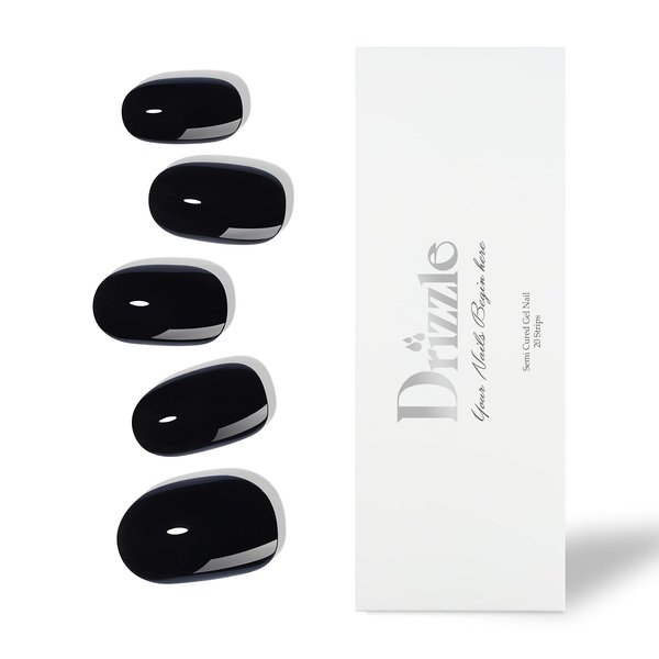 Drizzle Semi Cured Gel Nail Strips, Real Nail Polish Art Stickers (UV/LED Light Required), Glossy, Glitter, Solid Color, Full Nail Wraps Long Lasting, Nail Strips Decal for Women (Real Black)