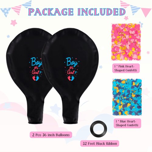 2 Pcs Giant Gender Reveal Balloon, 36 Inch Big Black Gender Reveal Confetti Balloons,Baby Balloon with Pink and Blue Heart Shape Confetti for Boy or Girl Baby Shower Gender Reveal Party Supplies