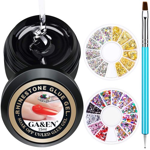 Wipe Off 15ml LED Gel Rhinestone Glue for Nails+Gems (Glass+Gold+Acrylic)+1 Dual-Use Pen (Dotting...