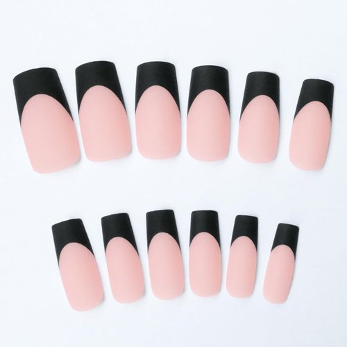 AddFavor French Tips Press on Nails Medium Square Fake Nails, 120pcs Black French Nails Press on Long Square Matte Nude Acrylic Nails Artificial False Glue Nails with Adhesive Tabs for Women