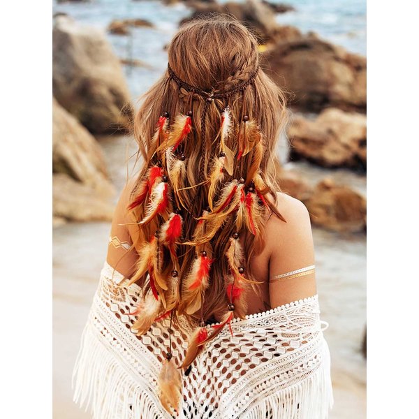 GORTIN Boho Feather Headband Gypsy Costume Headdress Black Bohemian Hippie Headbands Indian Festival Hair Band Adjust Long Feather Headpiece Hair Accessory for Women and Girls (Red+Brown)