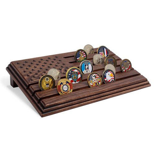 TESLYAR 6 Rows Military Challenge Coins Stand Holder Display Rack Wooden Army Collectible Challenge Coin Display Case Wood Stand, Holds 30-36 Coins Natural Solid Wood Brown American Flag (Brown)