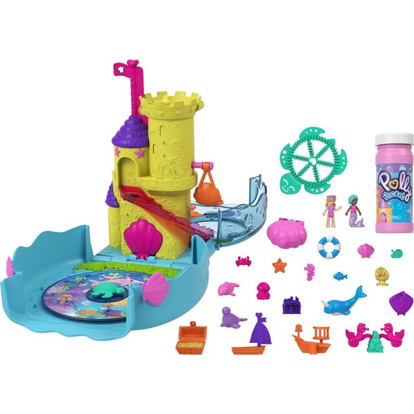 Polly Pocket Bubble Aquarium Playset with Polly & Mermaid Micro Dolls, 2 Bubble-Making Features, Bubble Solution & 18 Accessories, Pop & Swap Pieces