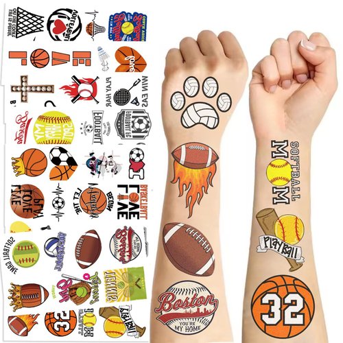 10 Sheets/Pack Sports Temporary Tattoos for Kids Boys Girls, Soccer Basketball Volleyball Softball Temporary Tattoos for Party Favors Decoration School Game Rewards Goodie Bag Stuffers