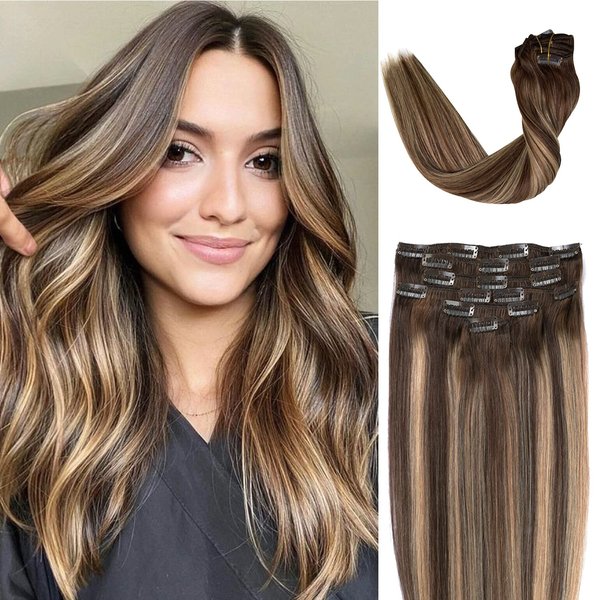 Clip in Hair Extensions, Human Hair 7Pcs 120g Clip in Extensions,Ombre Chocolate Brown to Honey Blonde Highlights Balayage Real Hair Extensions Clip in Straight Remy Human Hair Extensions 14 Inch