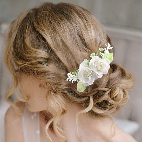 Fangsen Wedding Rose Flower Hair Comb Bridal Floral Hair Headpiece for Brides and Bridesmaids (White)