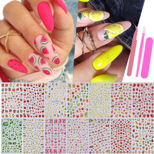 14pcs Fruits Nail Stickers Kits Summer Decals with Tweezers Press Stick Files Cherry Lemon Strawberry Colorful Design 3D Self-Adhesive Sliders Manicure Nail Decoration for Women Girl