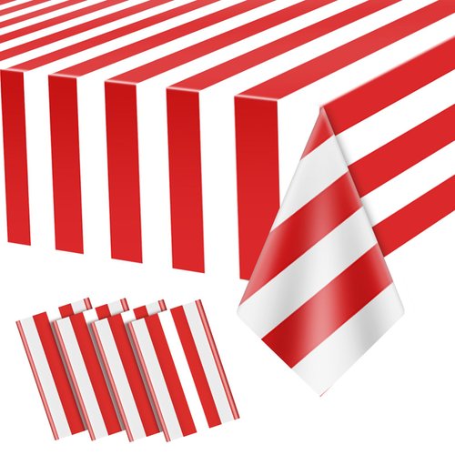 Carnival Theme Party Decorations Tablecloths, Circus Plastic Table Covers Rectangle Disposable Red and White Striped Tablecloth Supplies for Kids Birthday Movie Night Christmas, 87'' x 51'', 4pcs