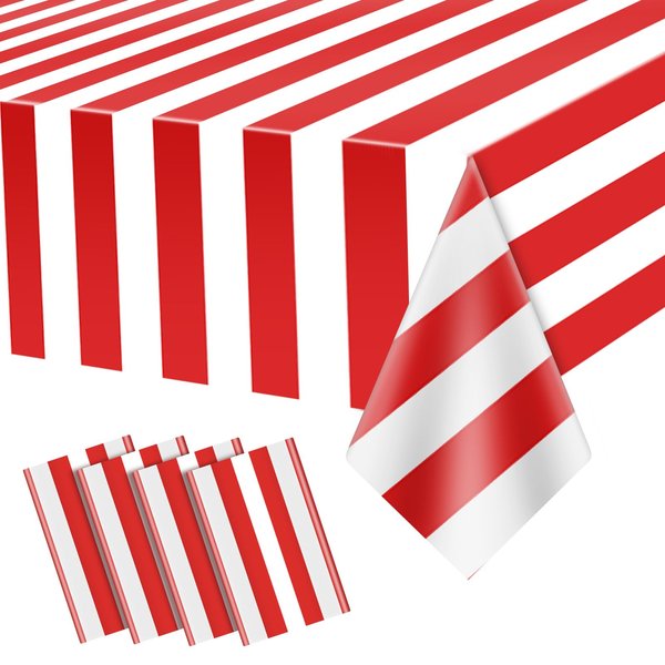 Carnival Theme Party Decorations Tablecloths, Circus Plastic Table Covers Rectangle Disposable Red and White Striped Tablecloth Supplies for Kids Birthday Movie Night Christmas, 87'' x 51'', 4pcs
