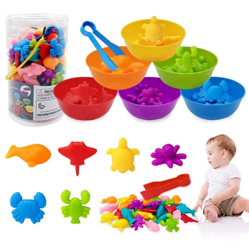 Counting Ocean Animals Matching Game Color Sorting Toys with Sorting Bowls Montessori STEM Color Classification Sensory Training Early Educational Preschool Learning Toy for Toddlers Kids 3 4 5