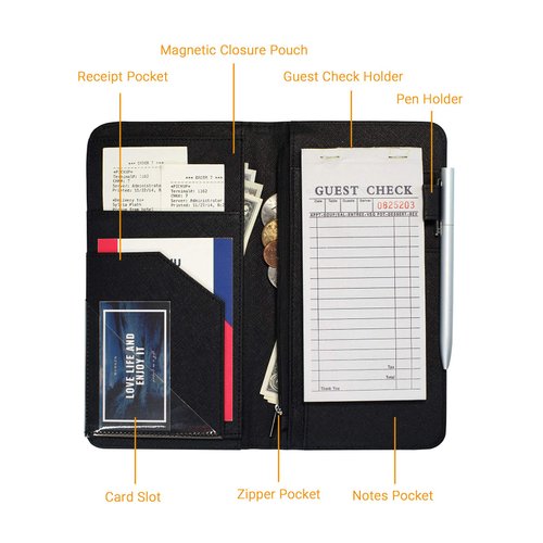 Server Book with Zipper Pocket and Magnetic Closure Server Booklet Waitress Book Serving Book with Money Pocket Waitstaff Organizer Fit Server Apron Waiter Book Wallet High Volume Pocket