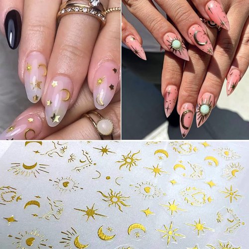 9Sheets Metallic Nail Art Stickers Decal Sun Star Nail Decals Nail Art Supplies Sun Stars Moon Heart Butterfly Starlight Designer 3D Self-Adhesive Gold Nail Design Sticker for Acrylic Nails Decoration