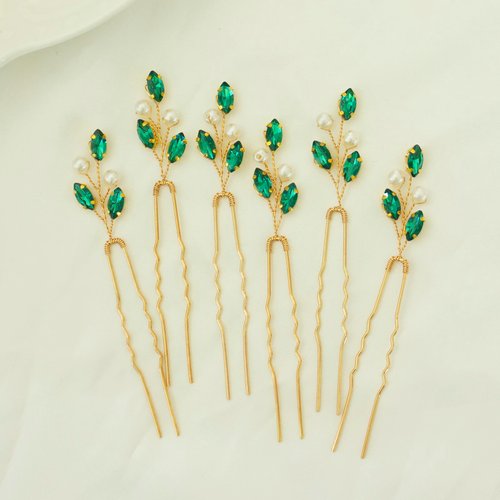Rhinestone Hair Pins for Wedding 6PCS Bride Hair Accessories Bridesmaid Crystal Hair Clips Bobby Pins Pearl for Women Green