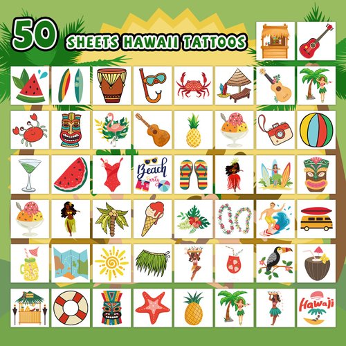 EMOME 50 Individually Wrapped Sheets Hawaiian Kids Tattoos Luau Pool Party Decorations, Beach Tattoos Stickers for Beach Themed Decor, Water Tattoos for Kids Goody Bag Stuffers