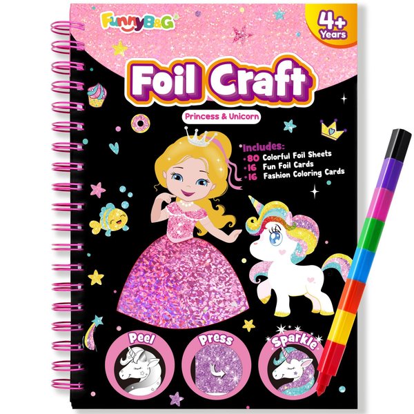 FUNNYB&G Art Craft Activity for Kids: Foil Art Princess DIY Toy Kit, No Mess Creative Travel Supply Set, Idea Birthday Christmas Valentine Gift for Girl Boy Children 4 5 6 7 8 9 Year Old