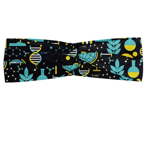 Ambesonne Headband for Women, Science Themed Biology Chemistry and Physics Protons Neutrons, Elastic Comfy Hair Accessory Knotted Head Wrap Everyday Use, M-L, Turquoise Yellow Black