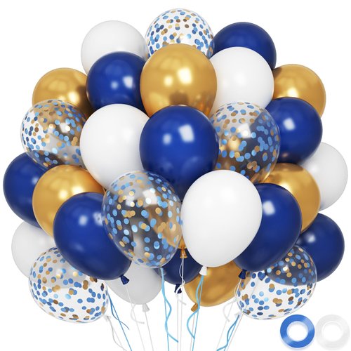 Blue and Gold Balloons, 60 pcs 12 inch Navy Blue and Gold Birthday Balloons with Confetti Balloons, Metallic Gold Party Balloons, Blue Balloons Party Decorations for Wedding Birthday Baby Shower