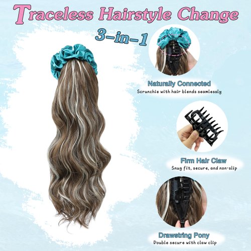BUPPLER Ponytail Extension with Scrunchies Ponytail Wig Claw Clip in Fake Ponytail Hair Extensions Synthetic High/Low Pony Tail Hair Piece for Women (Green Scrunchie Brown Ash Blonde Wavy)
