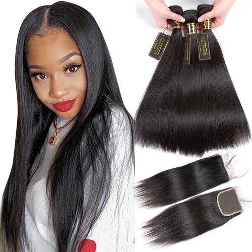 QTHAIR 14A Straight Hair Bundles with Closure (12 14+10inch Closure) 100% Brazilian Straight Virgin Hair 2 Bundles with Lace Closure Free Part Human Hair Extensions Natural Color