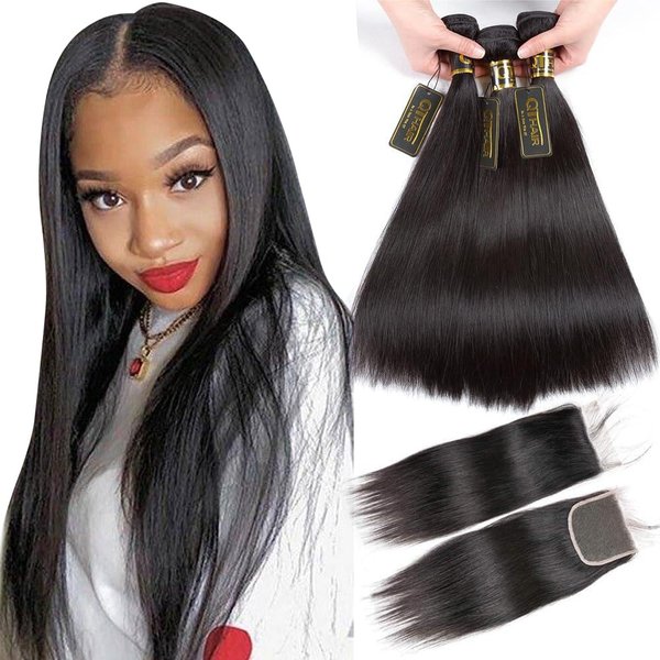 QTHAIR 14A Straight Hair Bundles with Closure (12 14+10inch Closure) 100% Brazilian Straight Virgin Hair 2 Bundles with Lace Closure Free Part Human Hair Extensions Natural Color