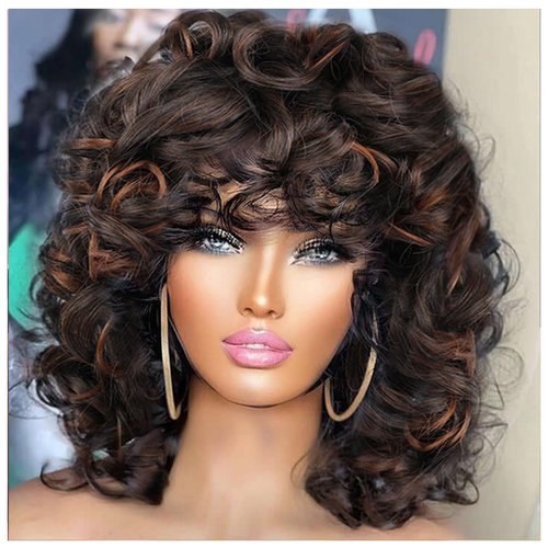 Traqur Short Curly Wigs for Black Women Synthetic Hair Heat Natura Wigs for African American Women (Brown)