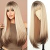 7JHH WIGS Long Straight Wig with Bangs 28in Ash Platinum Blonde Wig with Brown Roots and Brown Hair Tail Dye Natural Heat Resistant Fiber Synthetic Layered Highlight Wigs for Women Daily Party Used