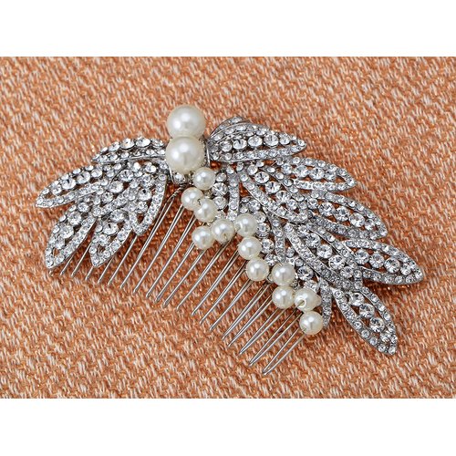 ALILANG Elegant Faux Pearl Silver Tone Crystal Rhinestone Leaves Bridal Hair Comb