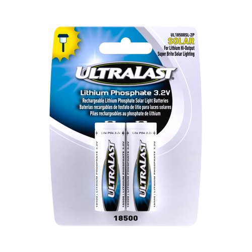 ULTRALAST UL18500SL-2P 18500 Battery - Lithium Phosphate RechargeableFlat Top Batteries - 3.2 Volt, 1000mAh Replacement Lithium Batteries for Flashlights, Outdoor Solar Lights, Home Devices - 2-Pack