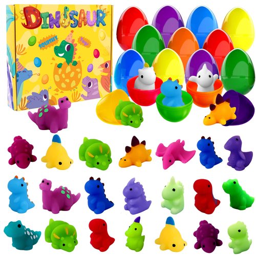 JOICEE 24pcs Dinosaur Squishy Toy Prefilled Easter Eggs, Kawaii Mochi Squishies Stress Relief Toys Filled Plastic Easter Eggs for Easter Basket Stuffers Party Favor Egg Hunt for Kids