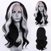 RONGDUOYI RDY Black Mix White Highlight Wig for Women Pure Black with a White Front Streak Lace Front Wigs 26inches Long Body Wave Synthetic Wig with Natural Hairline