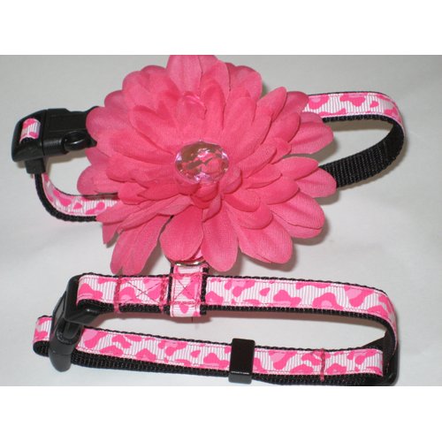 XSmall Pink Leopard Print 4" Flower Dog Harness or Cat Harness: Neck 8-12" Girth 8-14"
