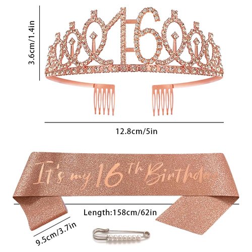 16th Birthday Sash Princess Crown Queen Tiara Rhinestone Headbands Cake Toppers Number 16 Helium Balloons Rose Gold Latex Balloon 16 Birthday Decoration for Girls 16 Year Old Birthday Party Supplies