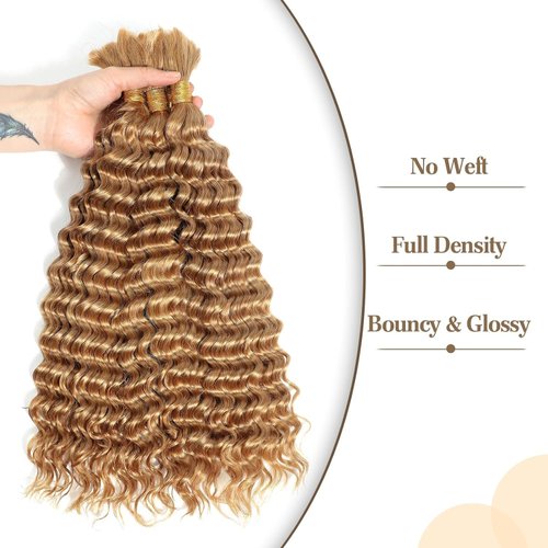 Habiliana Deep Curly Braiding Human Hair 100g 20 Inch Color 27 Honey Blonde Deep Water Wave Bulk Human Hair for Braiding No Weft Brazilian Virgin Deep Curly Human Hair Extensions for Boho Braids